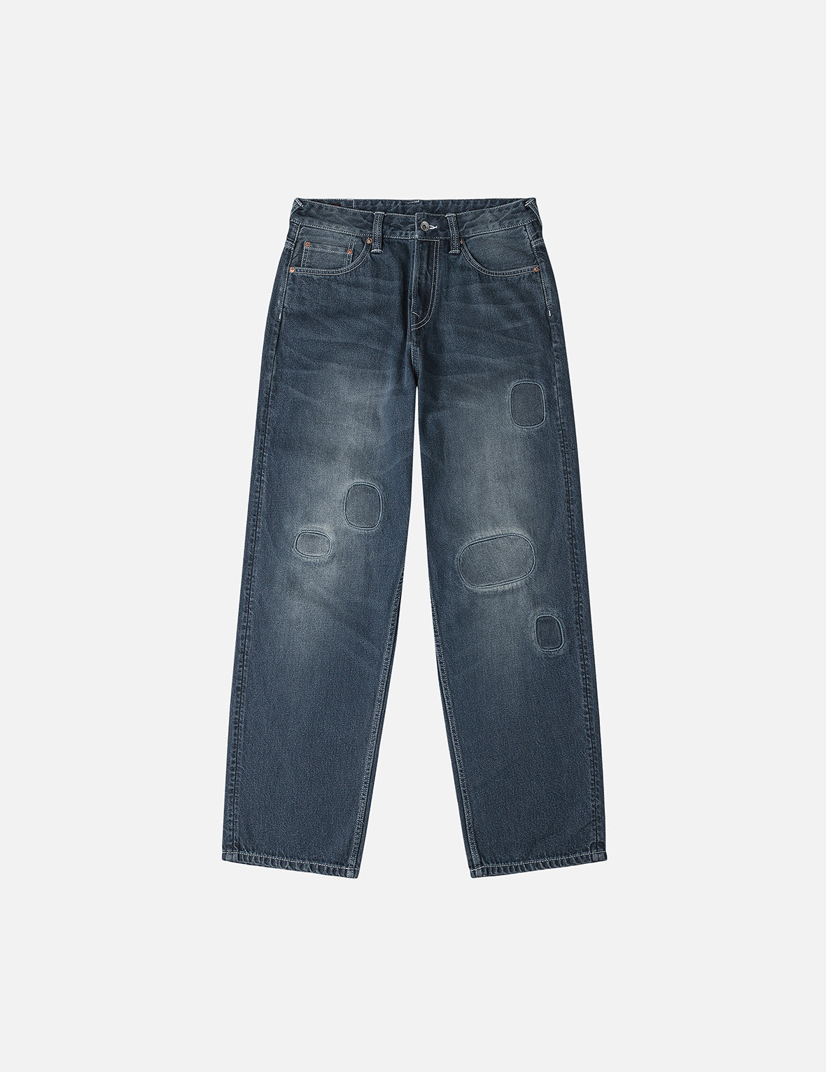 Distressed Seagull Print with Irregular Patches Loose Fit Denim Jeans