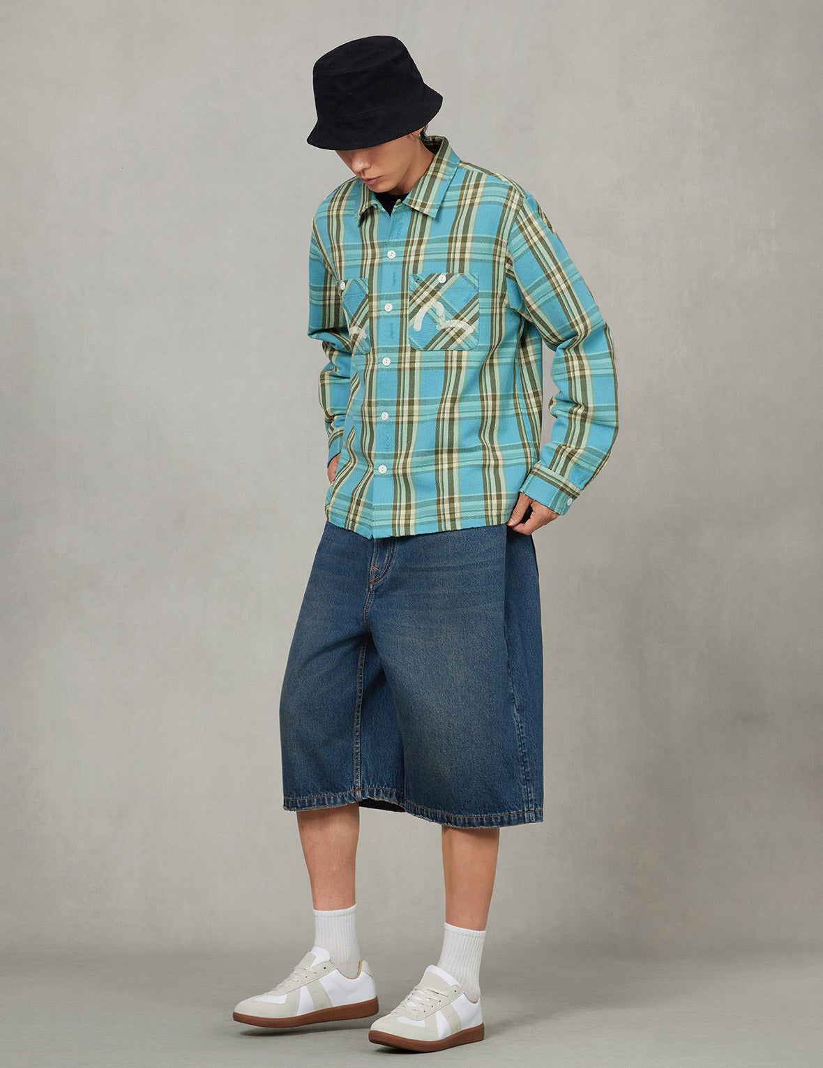 Seagull Print Relax Fit Plaid Flannel Shirt