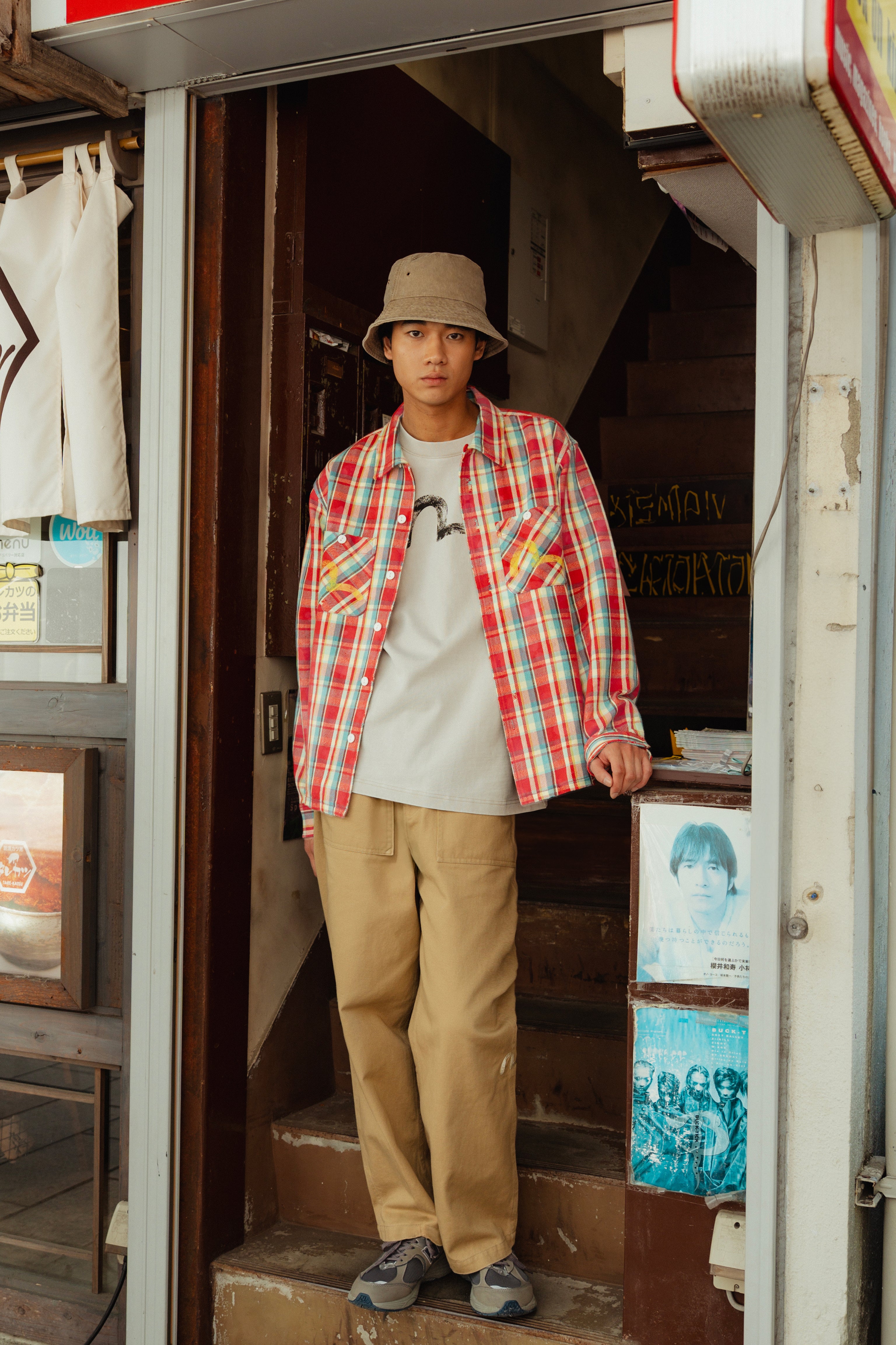 Seagull Print Relax Fit Plaid Flannel Shirt