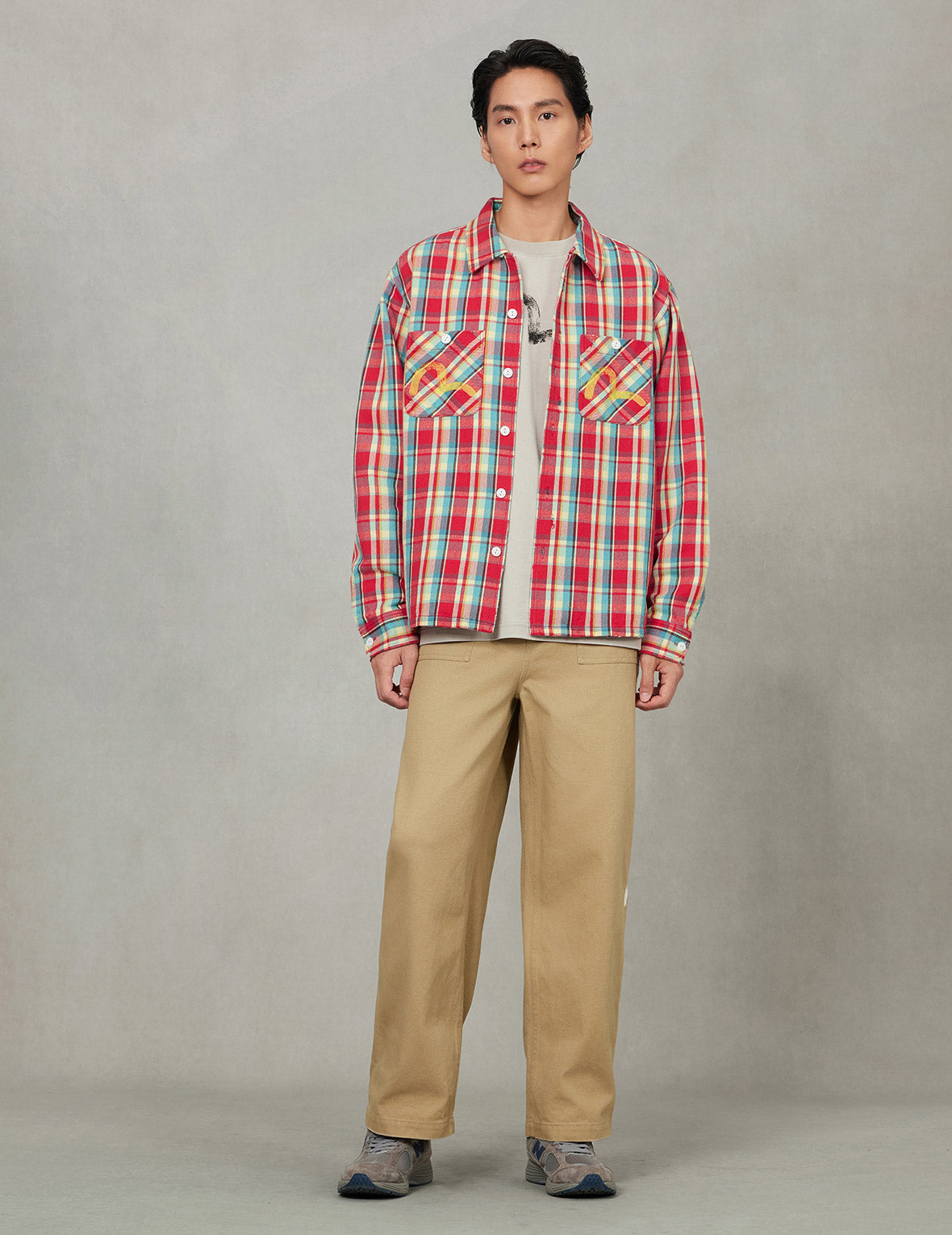 Seagull Print Relax Fit Plaid Flannel Shirt