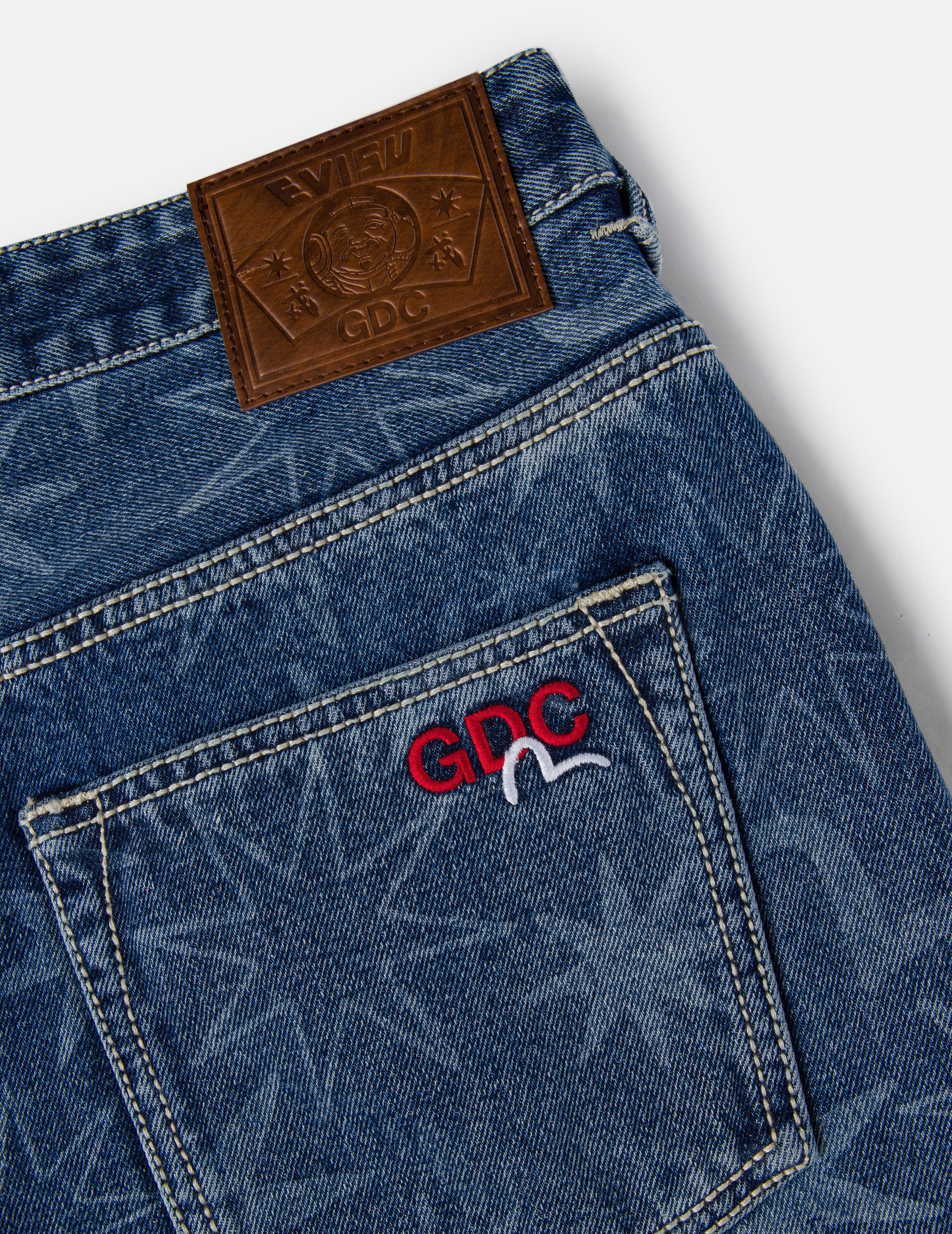 EVISU X GDC 滿地洗水印花寬版休閒牛仔褲