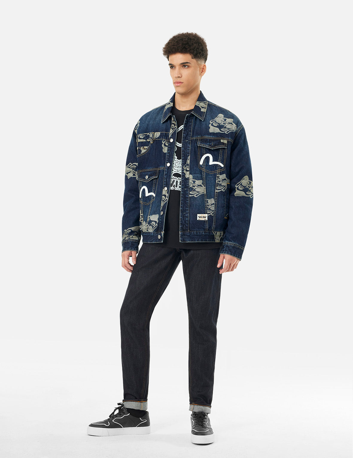 Allover Godhead Jacquard and Seagull Embroidery Loose Fit Deconstructive Denim Jacket