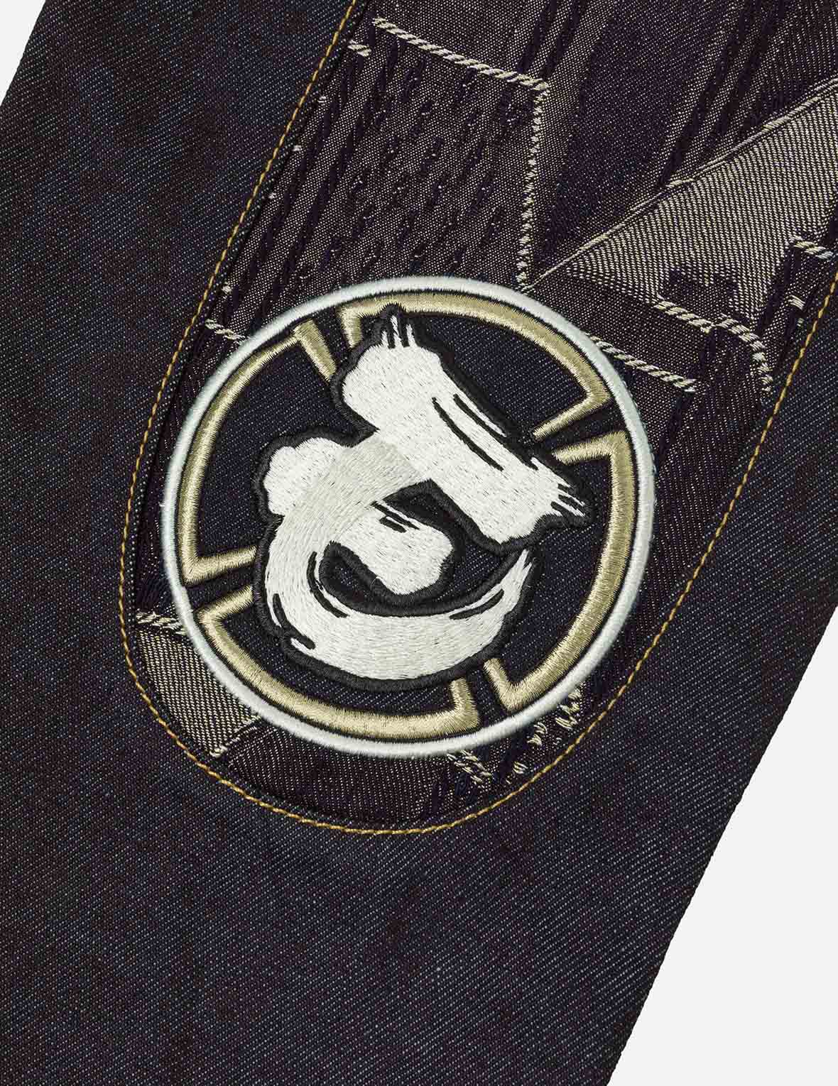 Patchwork Daicock Insert and Wheel Of Wisdom Embroidery Taper Fit Jeans #2017