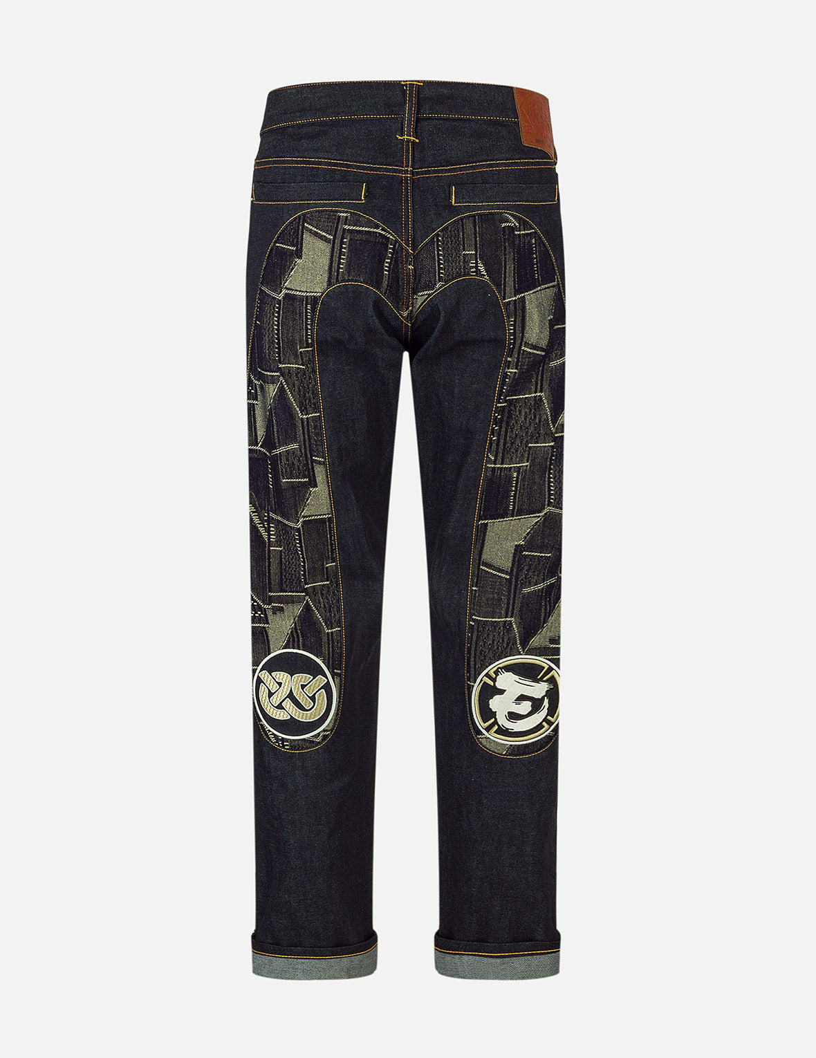 Patchwork Daicock Insert and Wheel Of Wisdom Embroidery Taper Fit Jeans #2017