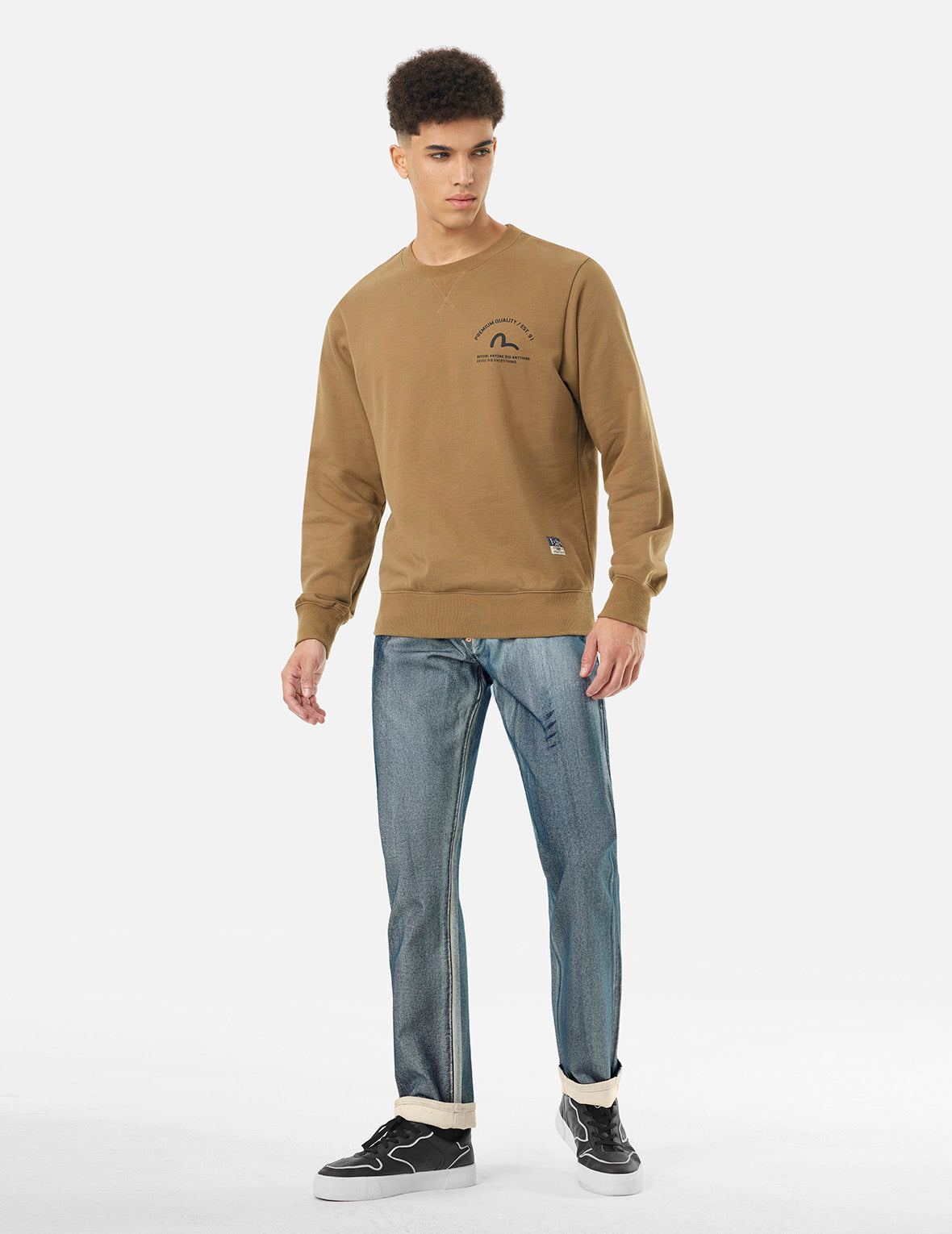 海鷗和家花貼布刺繡拓印常規直筒牛仔褲 #2008