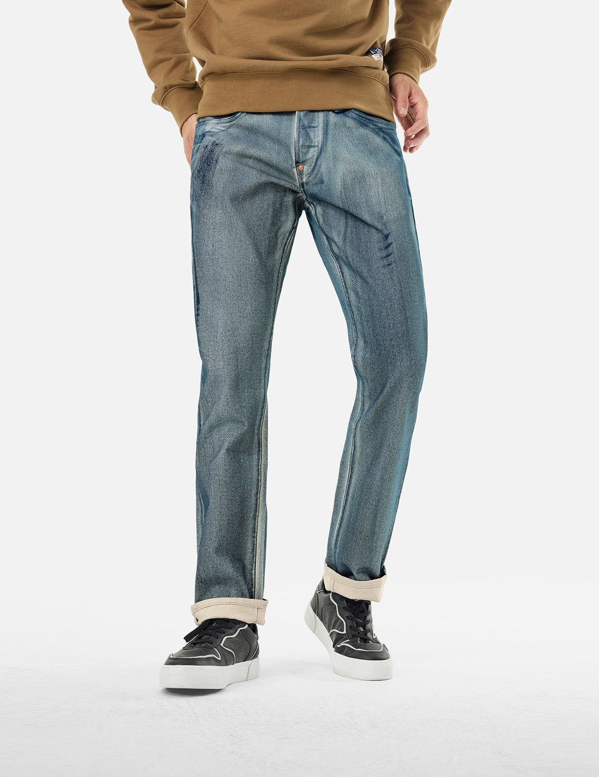 海鷗和家花貼布刺繡拓印常規直筒牛仔褲 #2008