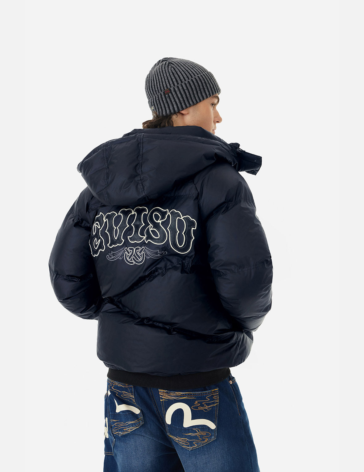 Logos and "Wheel of Wisdom" Embroidery Fashion Fit Down Jacket