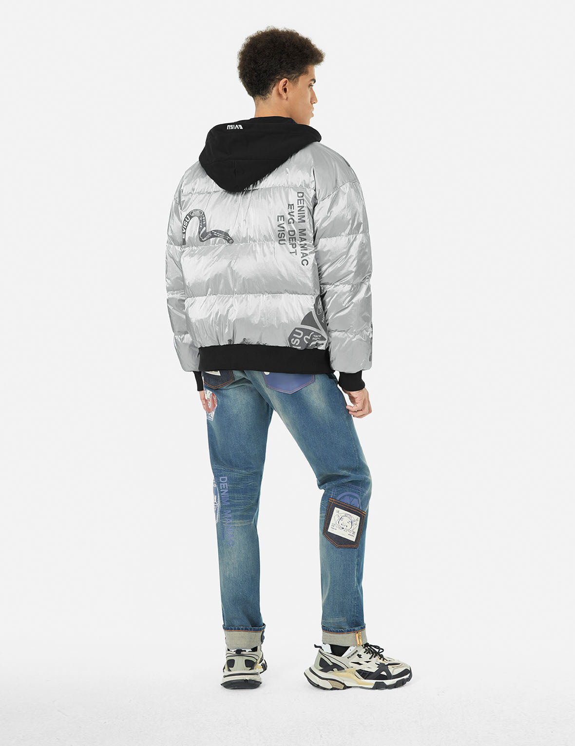 商標及家花印花寬版飛行員羽絨外套(可拆卸連帽)