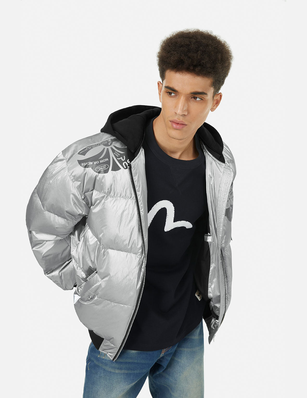 商標及家花印花寬版飛行員羽絨外套(可拆卸連帽)