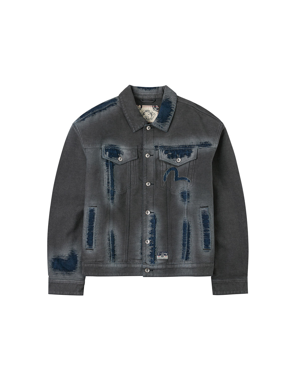 Distressed Seagull and Logo Print Relax Fit Washed Denim Jacket