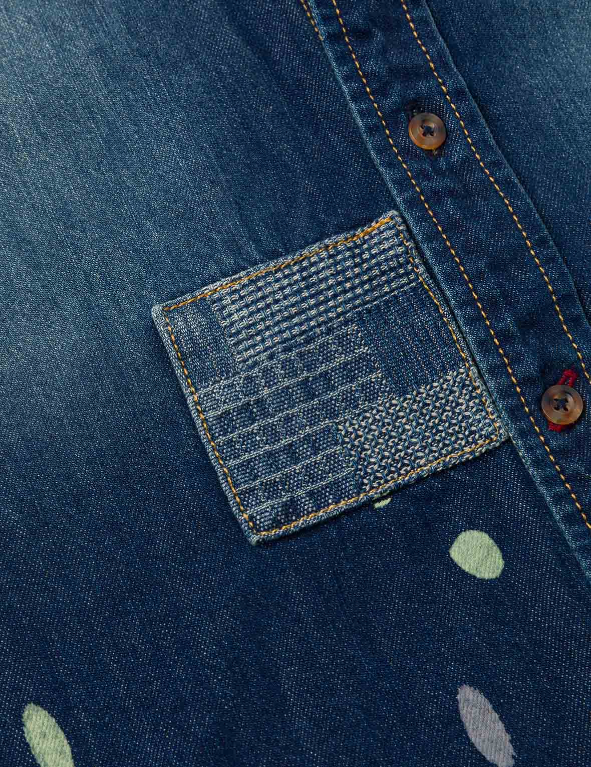 刺繡家花寬版休閒牛仔襯衫