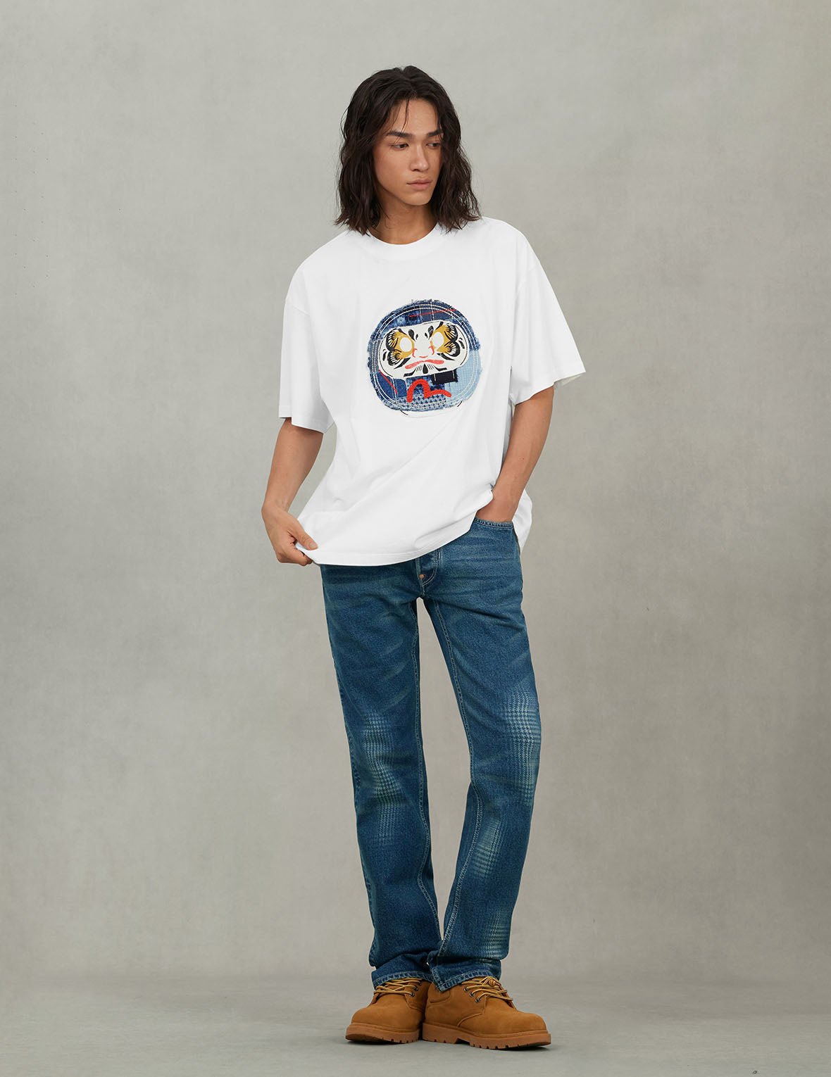 手刷千鳥格大M印花水洗修身牛仔褲 #2010