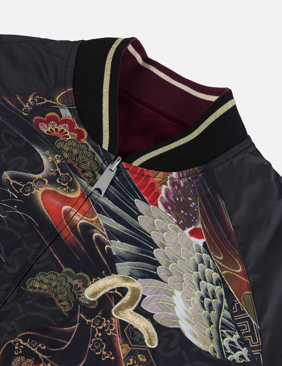 Crane and Logo Embroidery Regular Fit Reversible Bomber Jacket