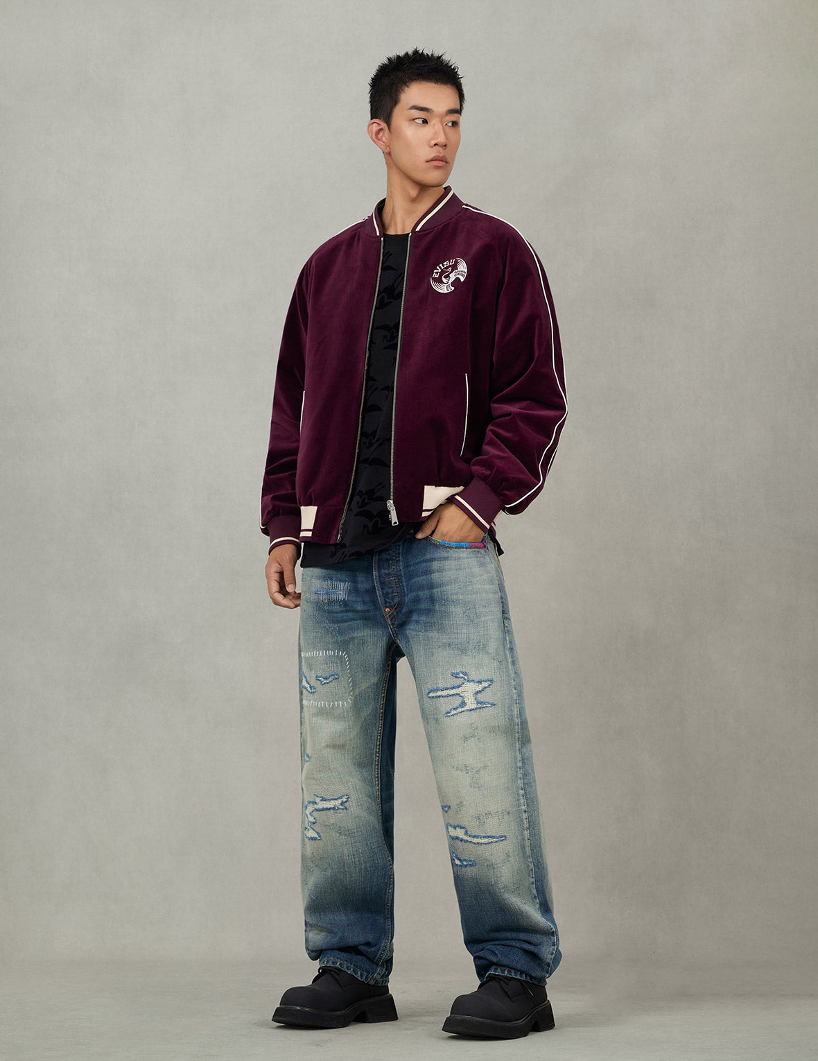 Crane and Logo Embroidery Regular Fit Reversible Bomber Jacket