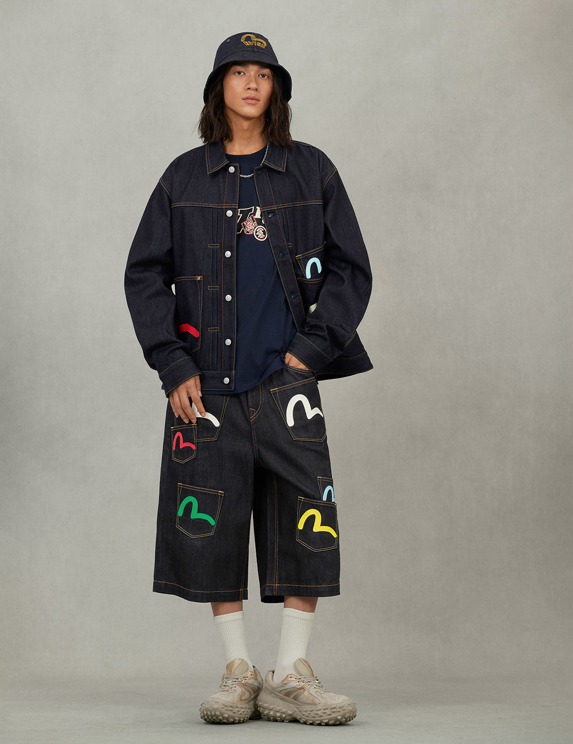 Seagull Print and Multi-Pocket Relax Fit Denim Jacket