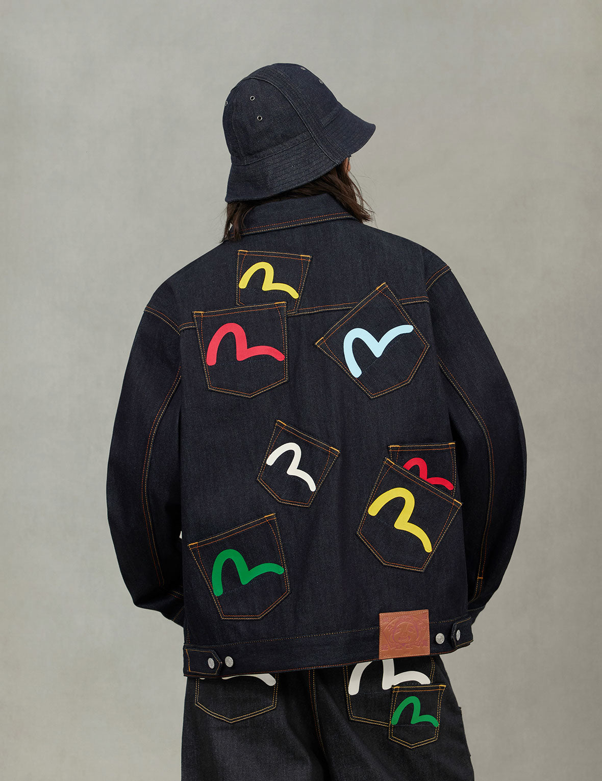 Seagull Print and Multi-Pocket Relax Fit Denim Jacket