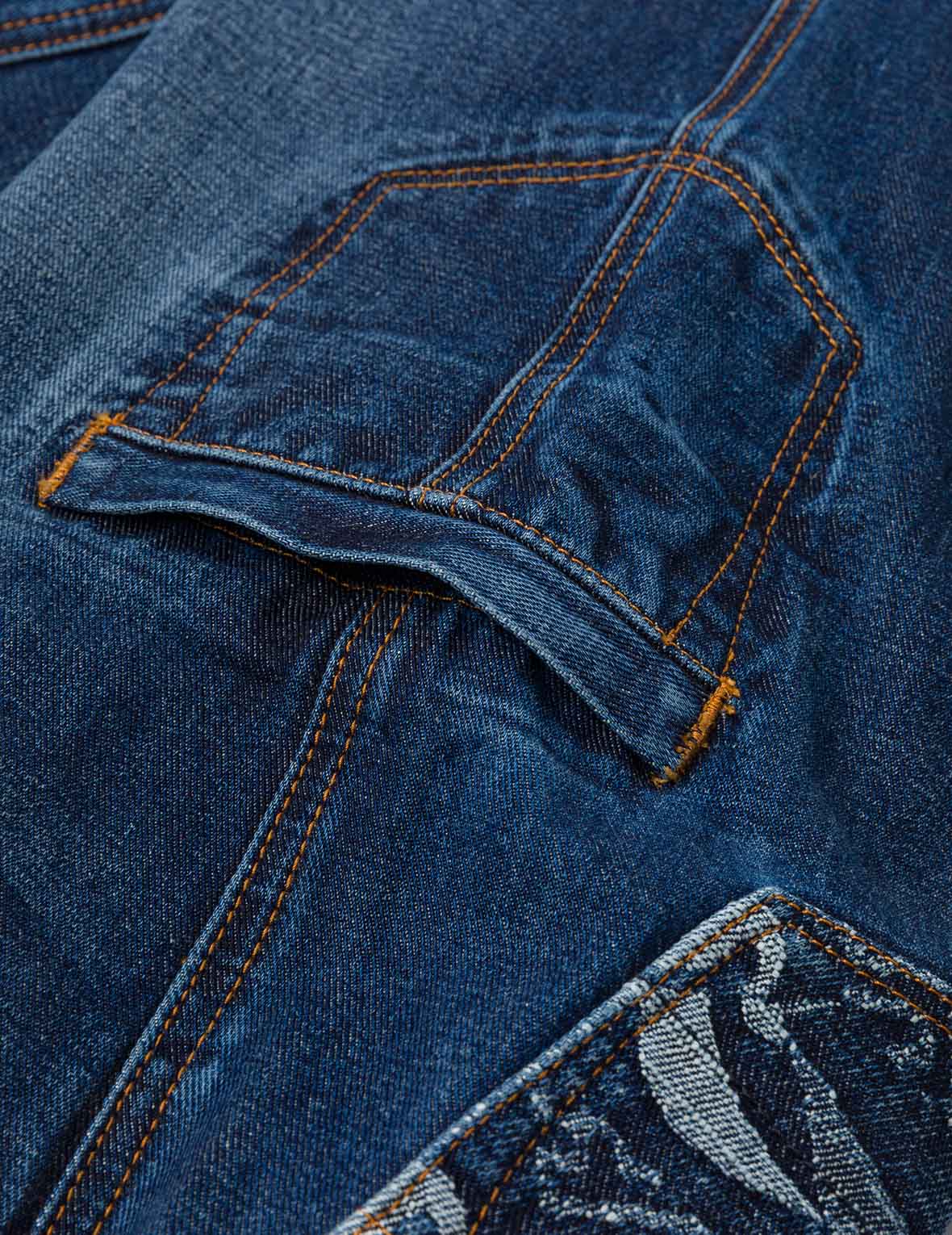 Multi-pocket and Seagull Crane Print Loose Fit Washed Denim Joggers