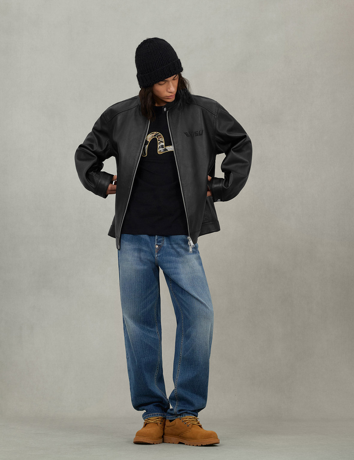 Logo and Seagull Embroidery Regular Fit Leather Jacket