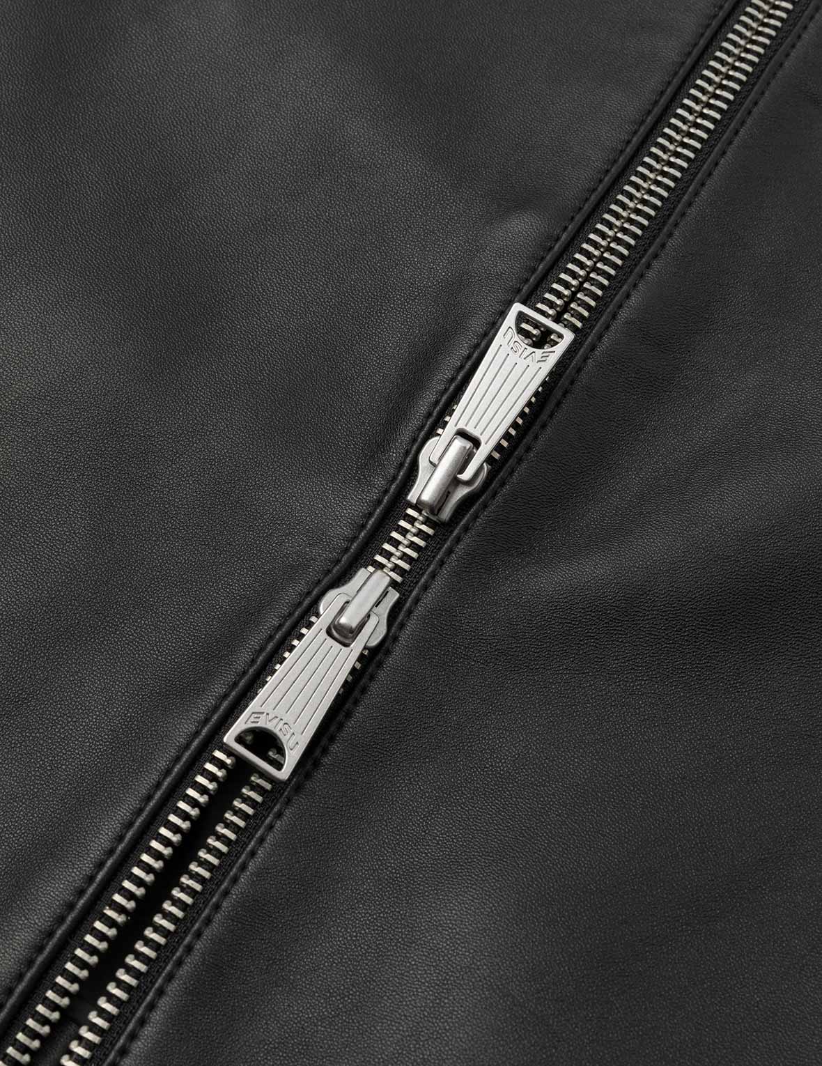 Logo and Seagull Embroidery Regular Fit Leather Jacket