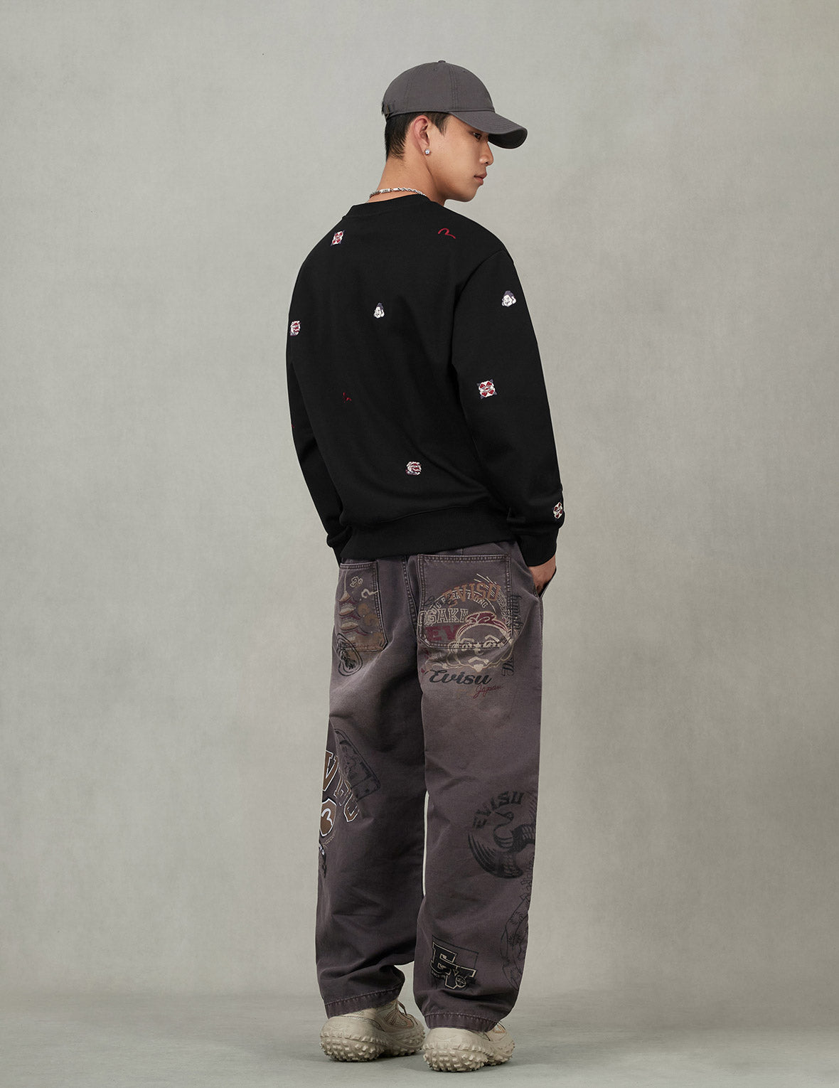 Multi Logos Print Balloon Fit Washed Woven Pants