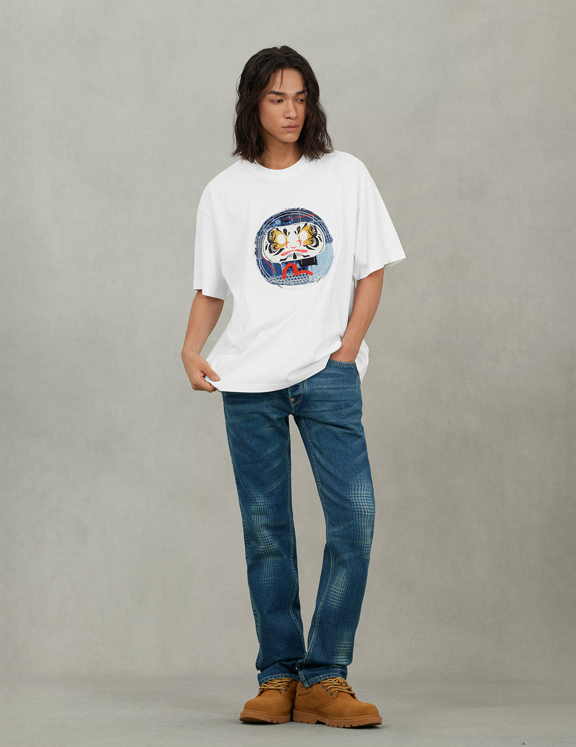 刺繡達摩與海鷗寬版休閒T恤