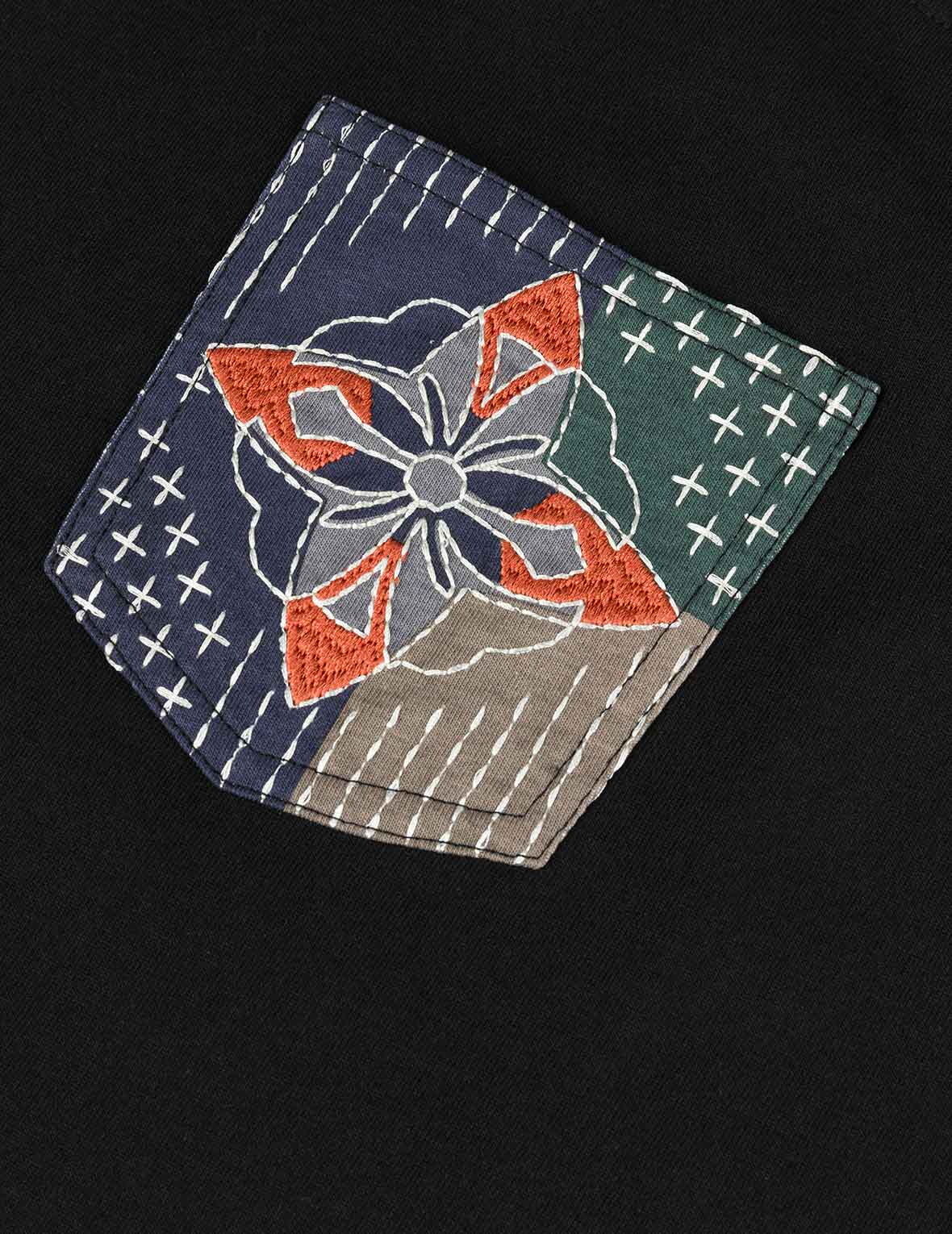 Multi-pocket Color Blocking Sashiko Loose Fit T-shirt