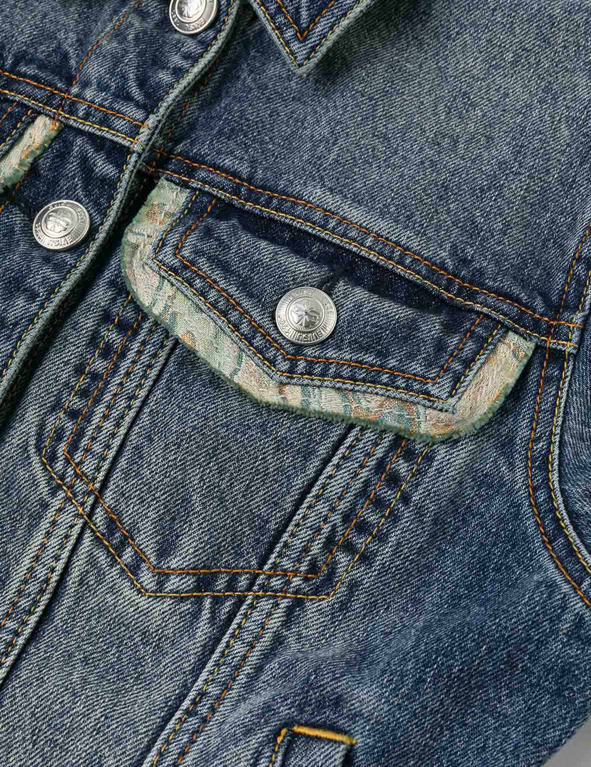 Brocade Inserted Daicock Regular Fit Denim Jacket