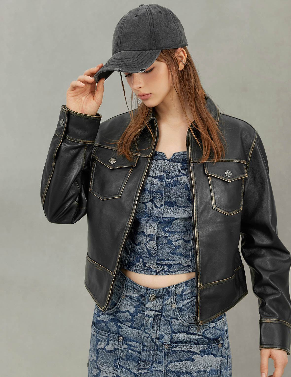 Logo Embossed Cropped Leather Jacket