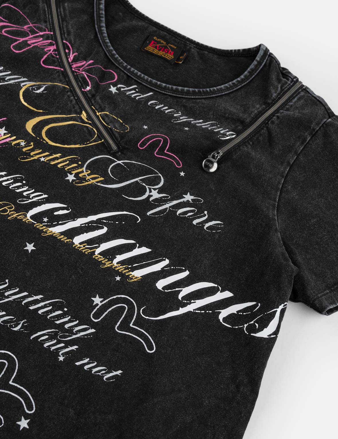 Double Zipper Calligraphy Slogan Print T-Shirt