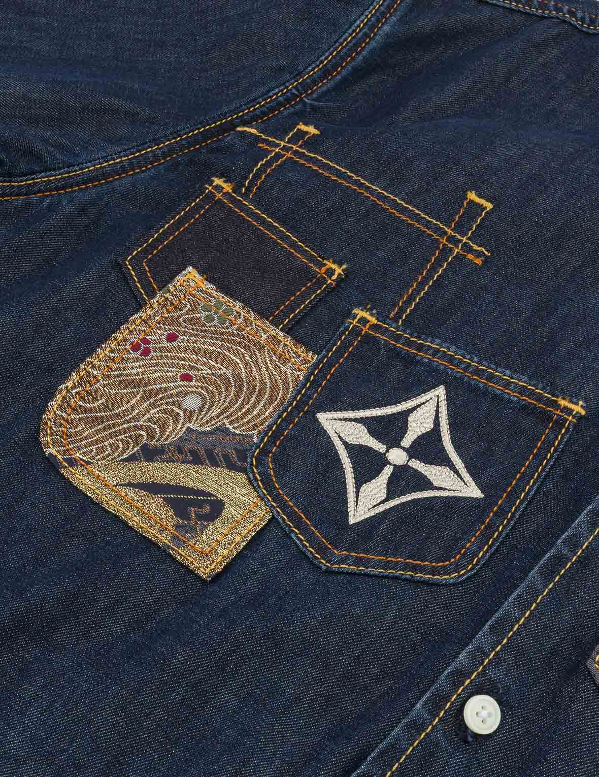 織錦貼佈多口袋寬版休閒牛仔襯衫