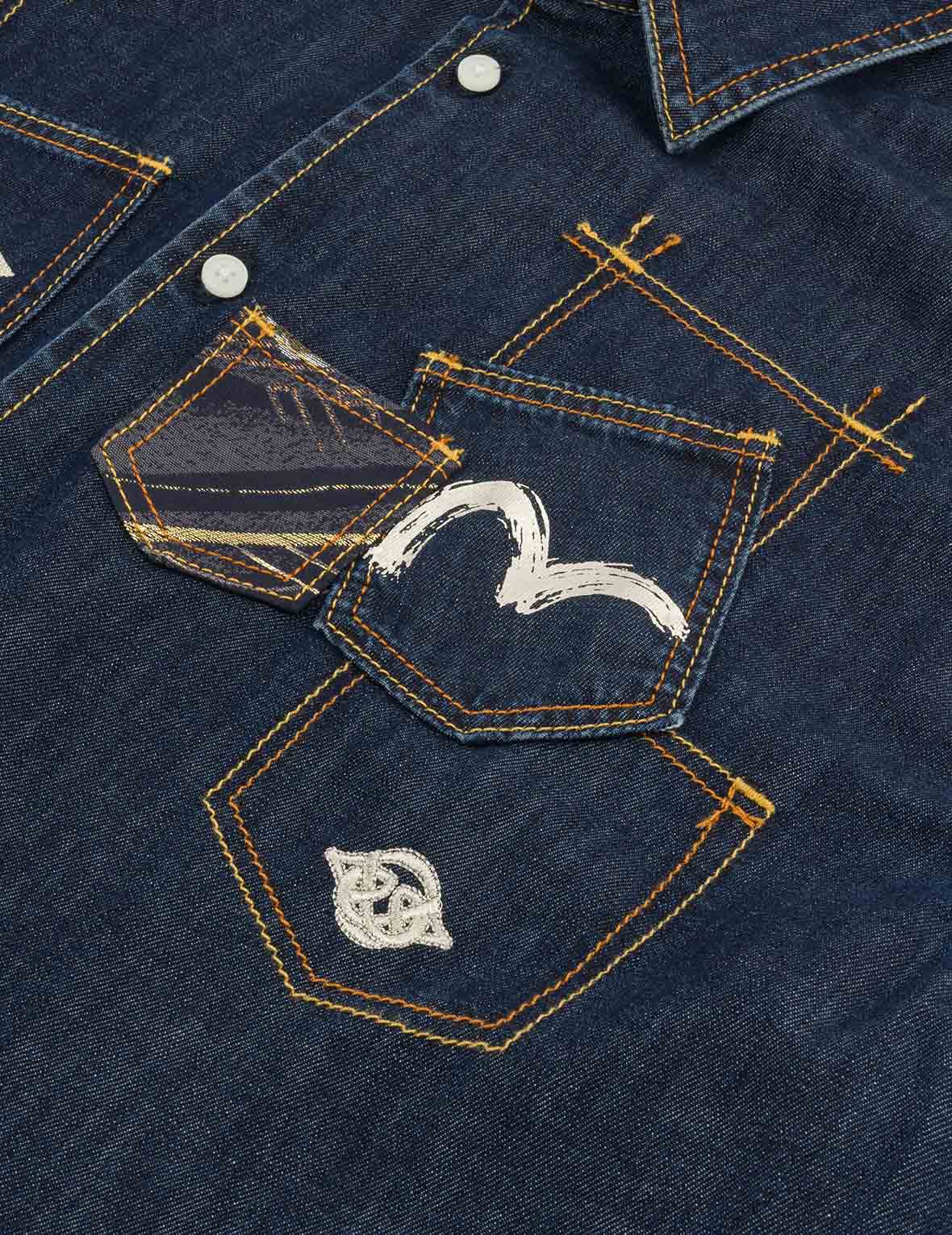 織錦貼佈多口袋寬版休閒牛仔襯衫