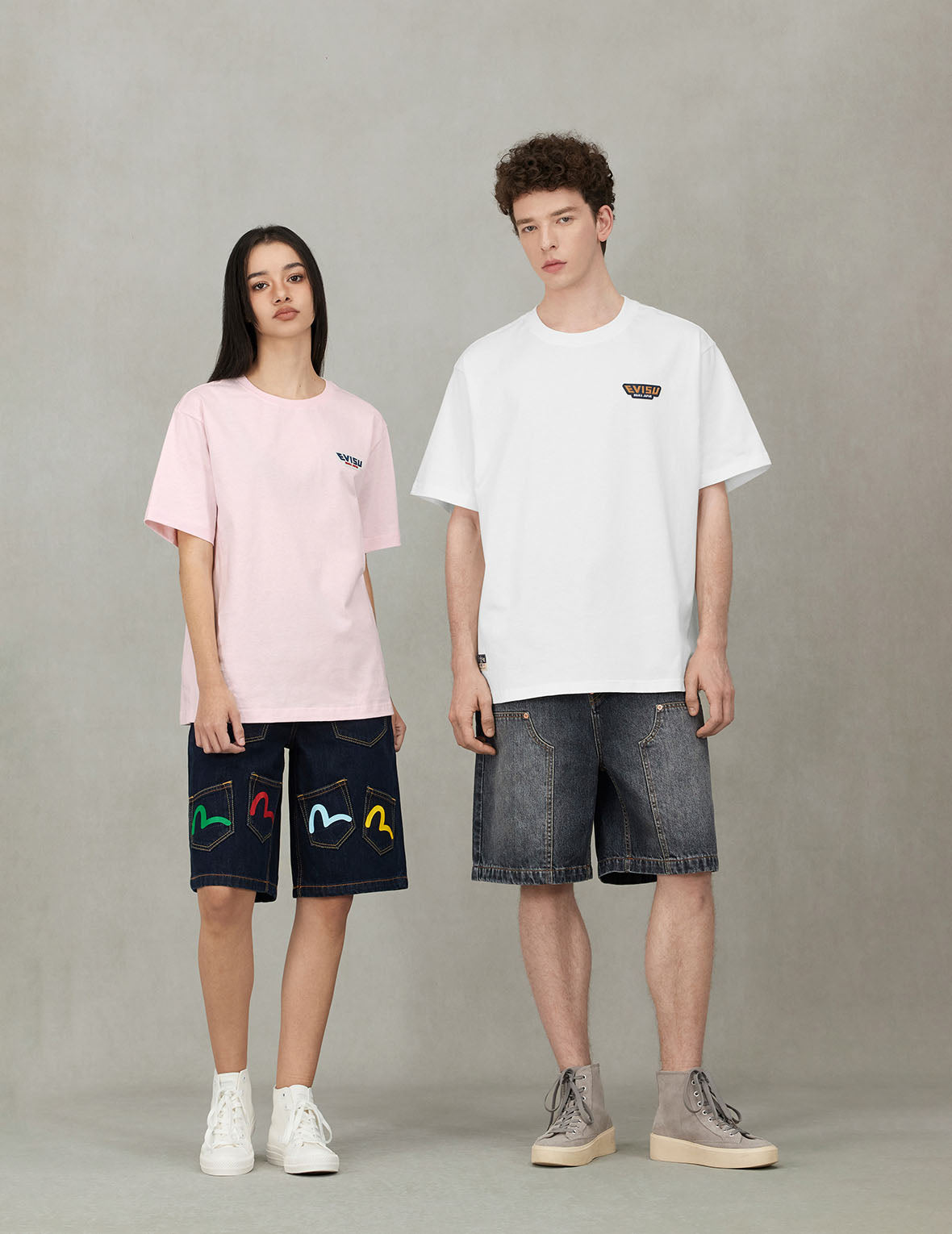 Seagull Print Pockets Oversized Worker Denim Shorts