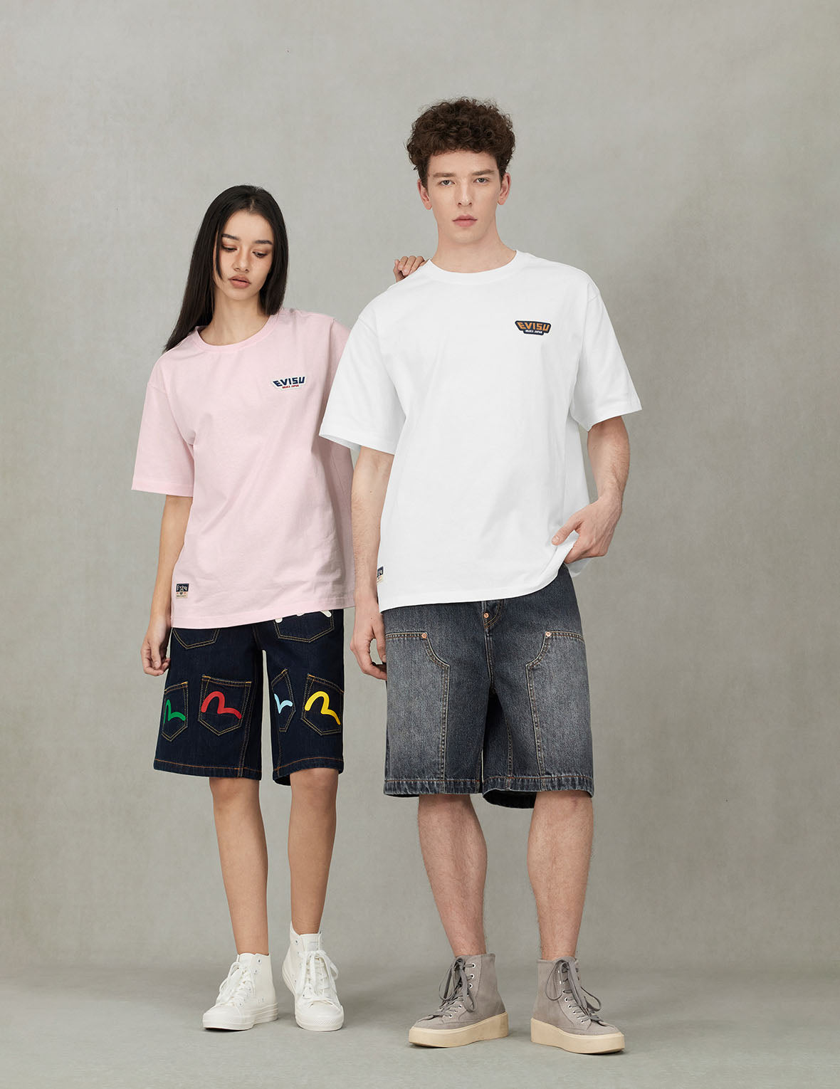 Seagull Print Pockets Oversized Worker Denim Shorts