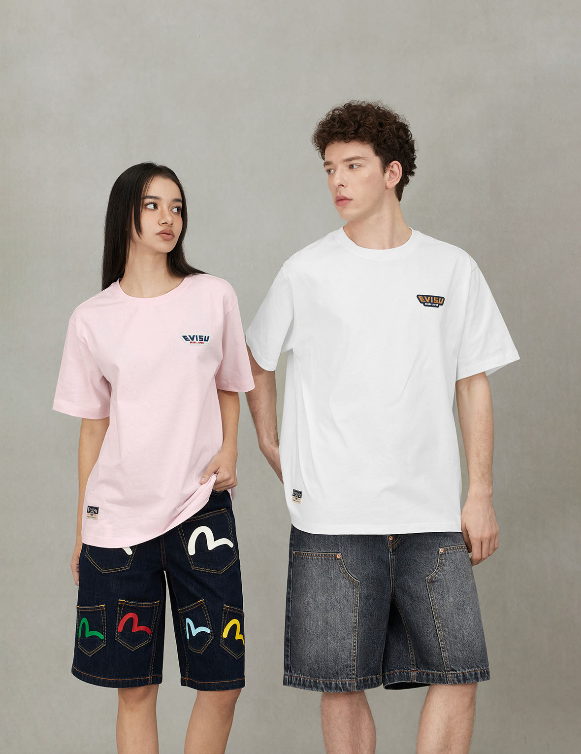 Seagull Print Pockets Oversized Worker Denim Shorts