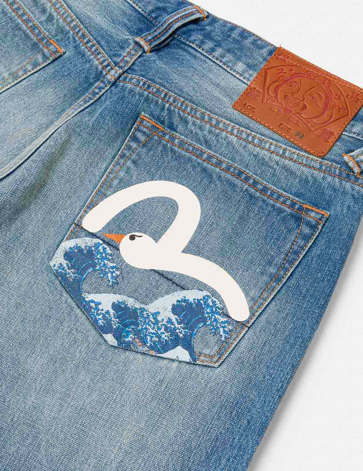 Playful Seagull and The Great Wave Print Regular Fit Denim Shorts