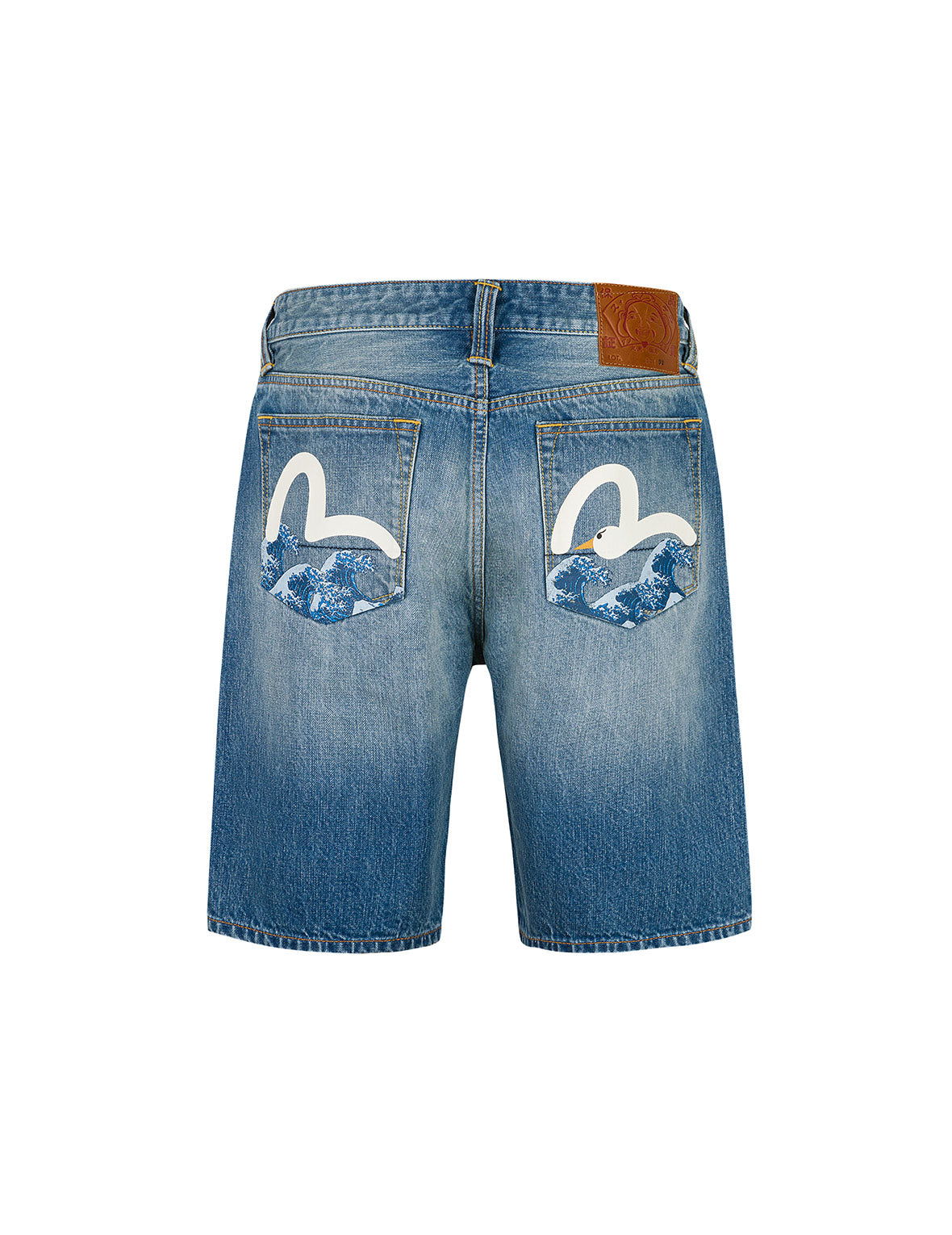 Playful Seagull and The Great Wave Print Regular Fit Denim Shorts