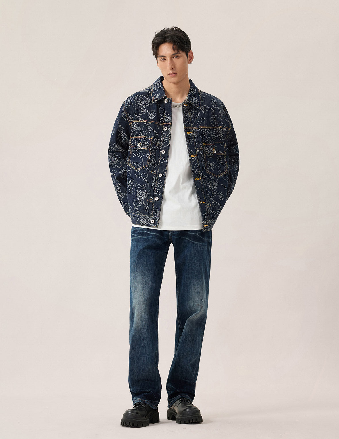 海鷗刺繡多口袋牛仔褲 #2020