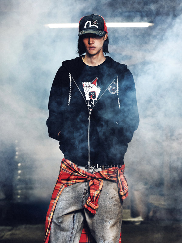 撲克葵扇刺繡拉鍊連帽外套 - 紅