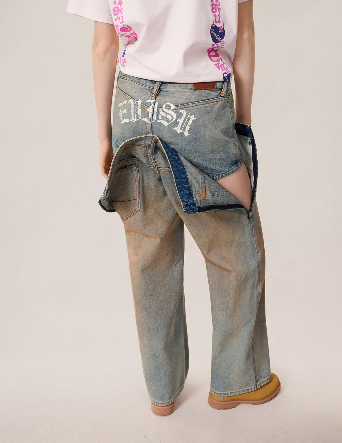 雙層腰頭做舊牛仔褲