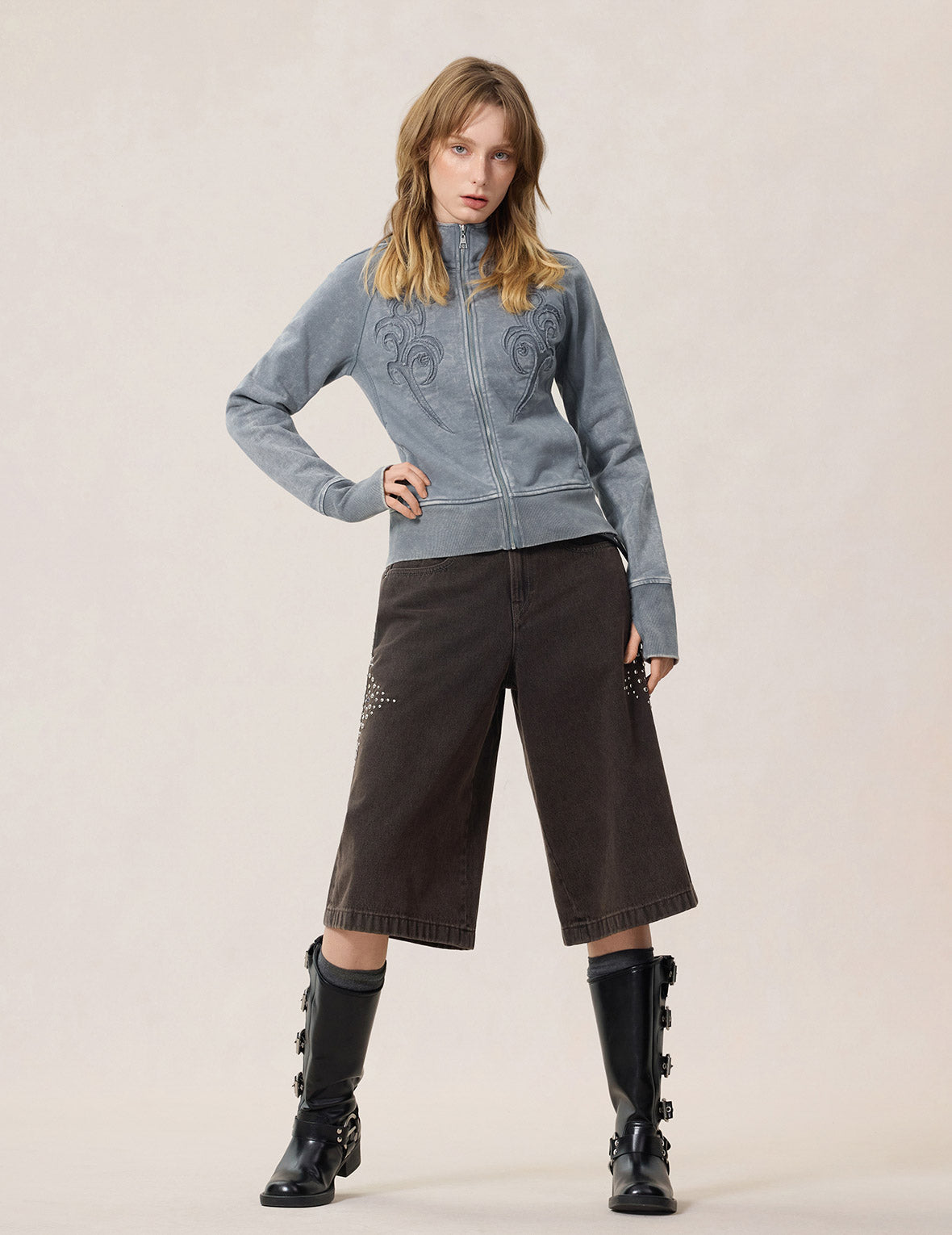 反轉布料拼接拉鍊短版連帽衫