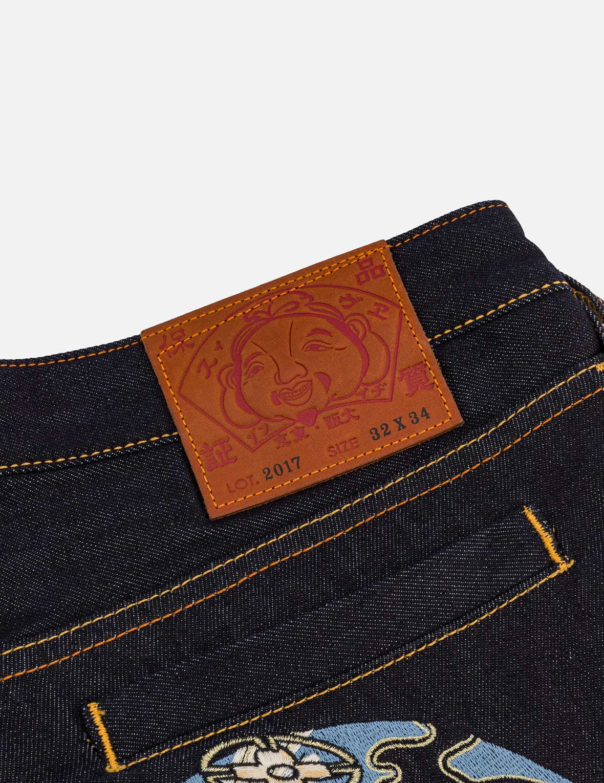 忍者達摩大M刺繡窄腳牛仔褲 #2017