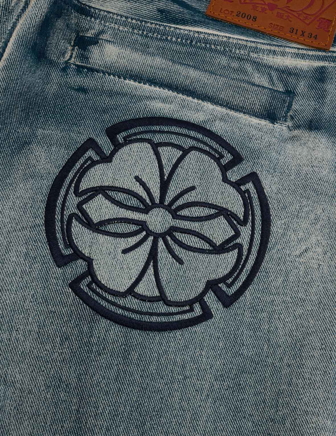 海鷗和家花貼布刺繡拓印常規直筒牛仔褲 #2008