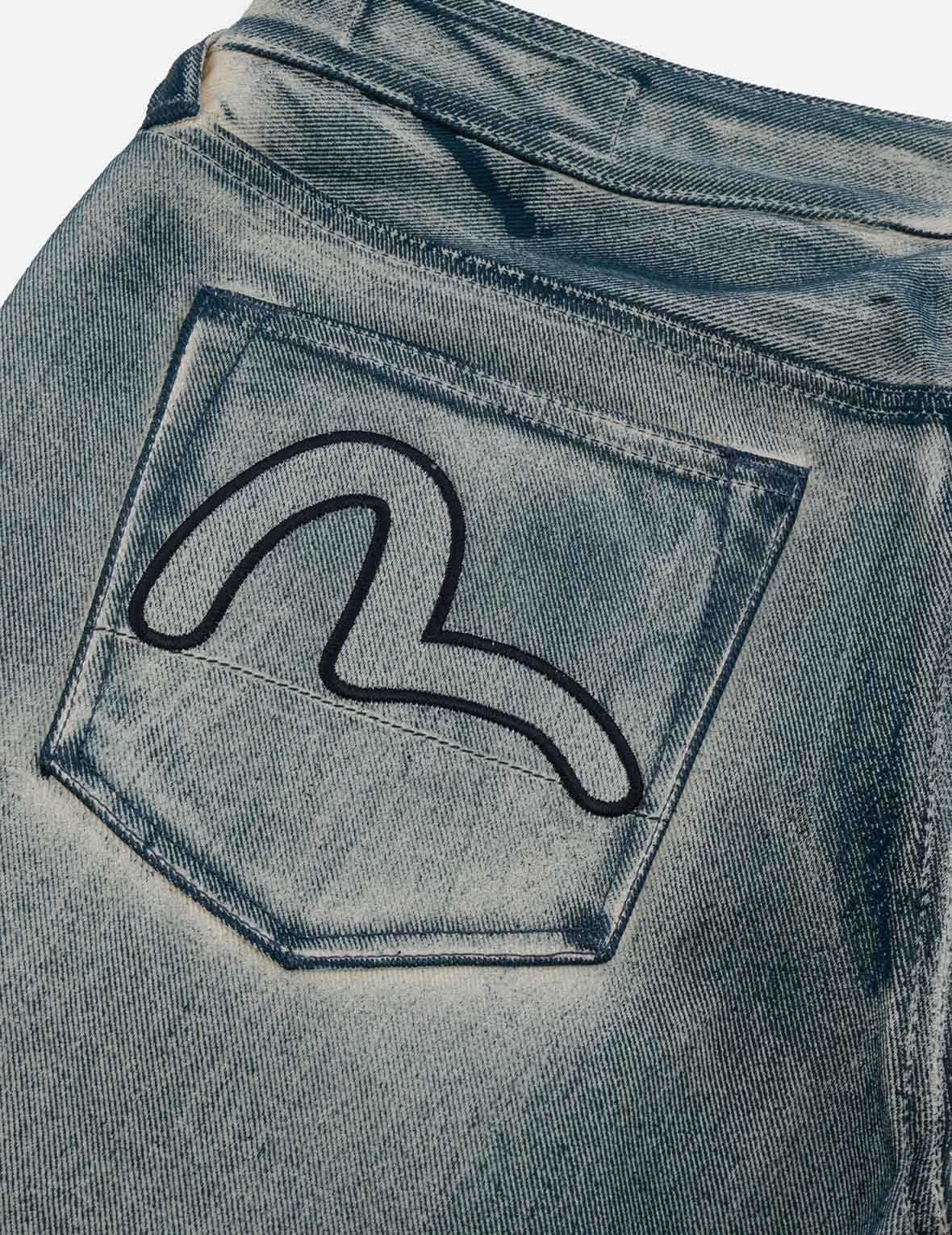 海鷗和家花貼布刺繡拓印常規直筒牛仔褲 #2008