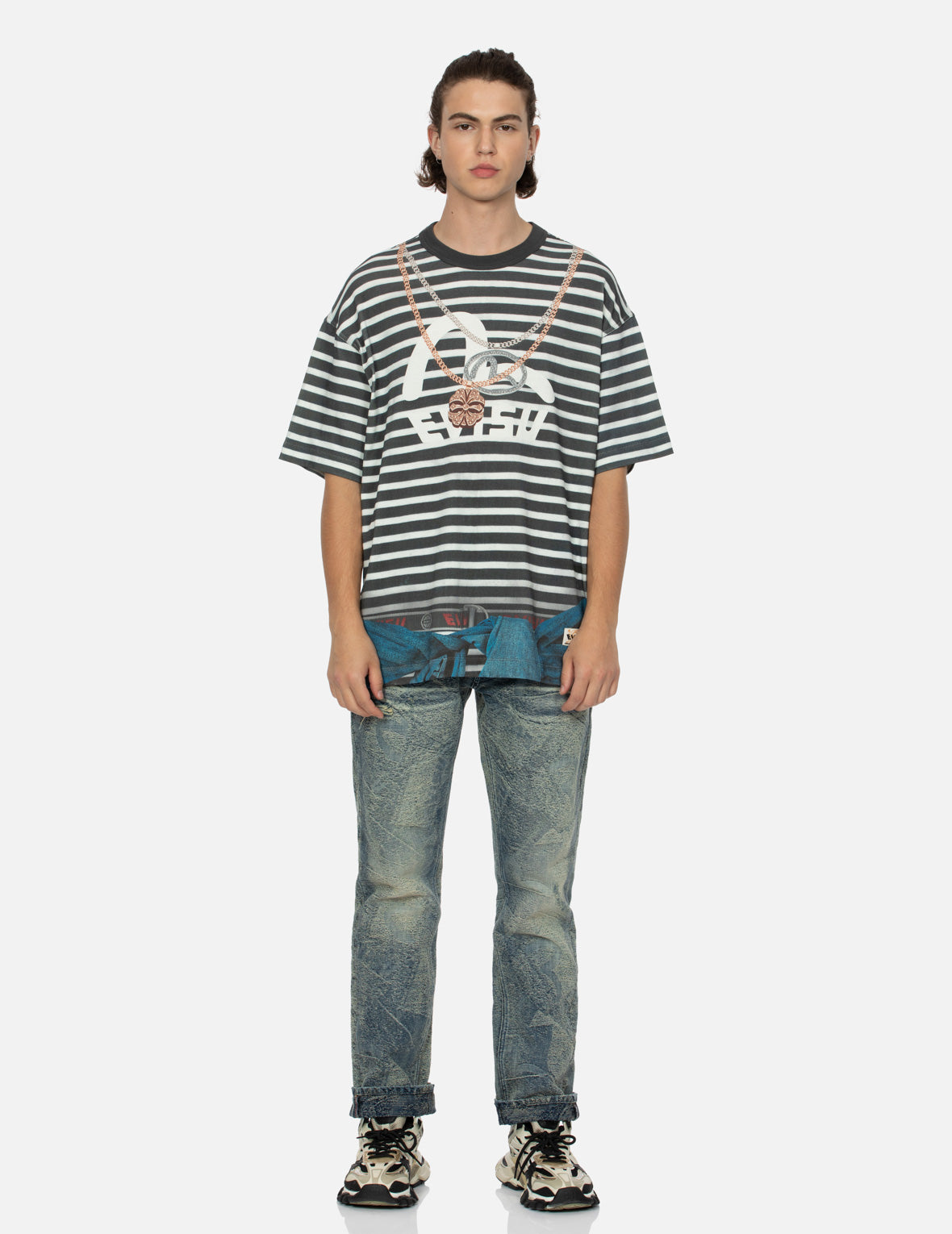 錯視與海鷗印花寬版條紋T恤