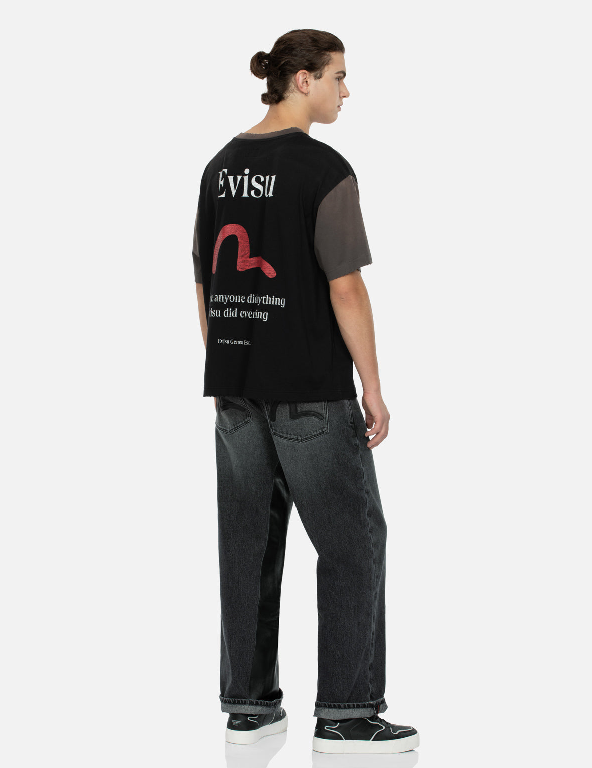 皮革鑲嵌和海鷗口袋鬆身闊腿牛仔褲