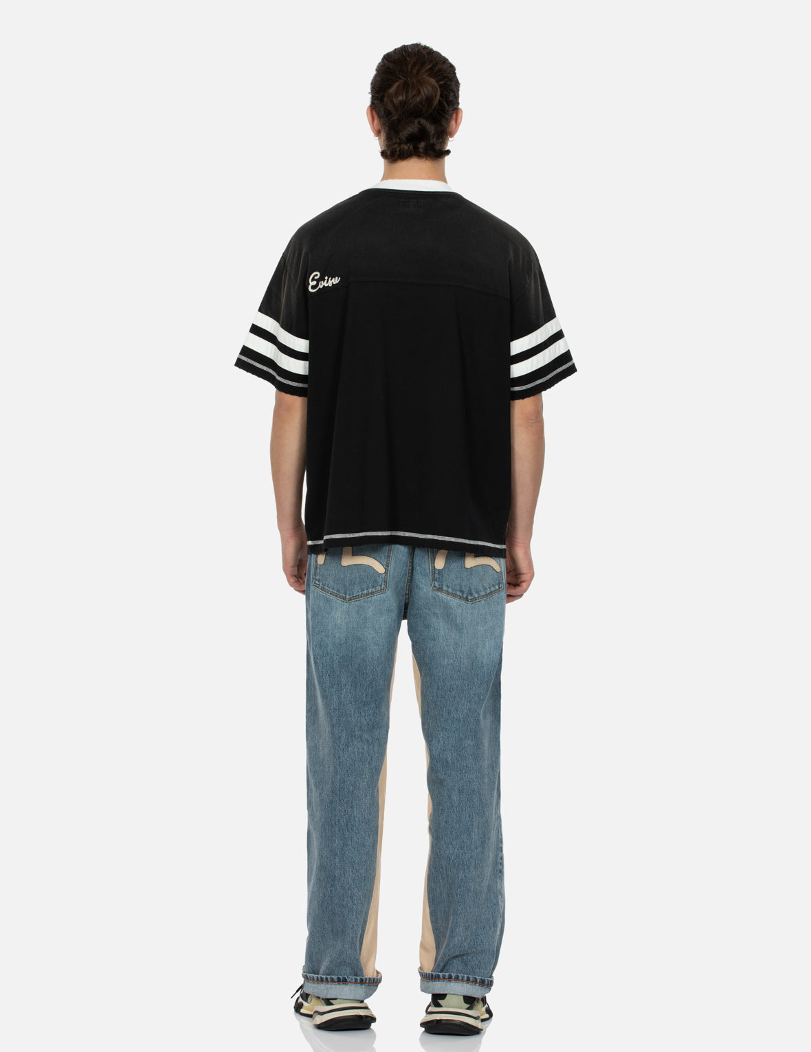 皮革鑲嵌和海鷗口袋鬆身闊腿牛仔褲