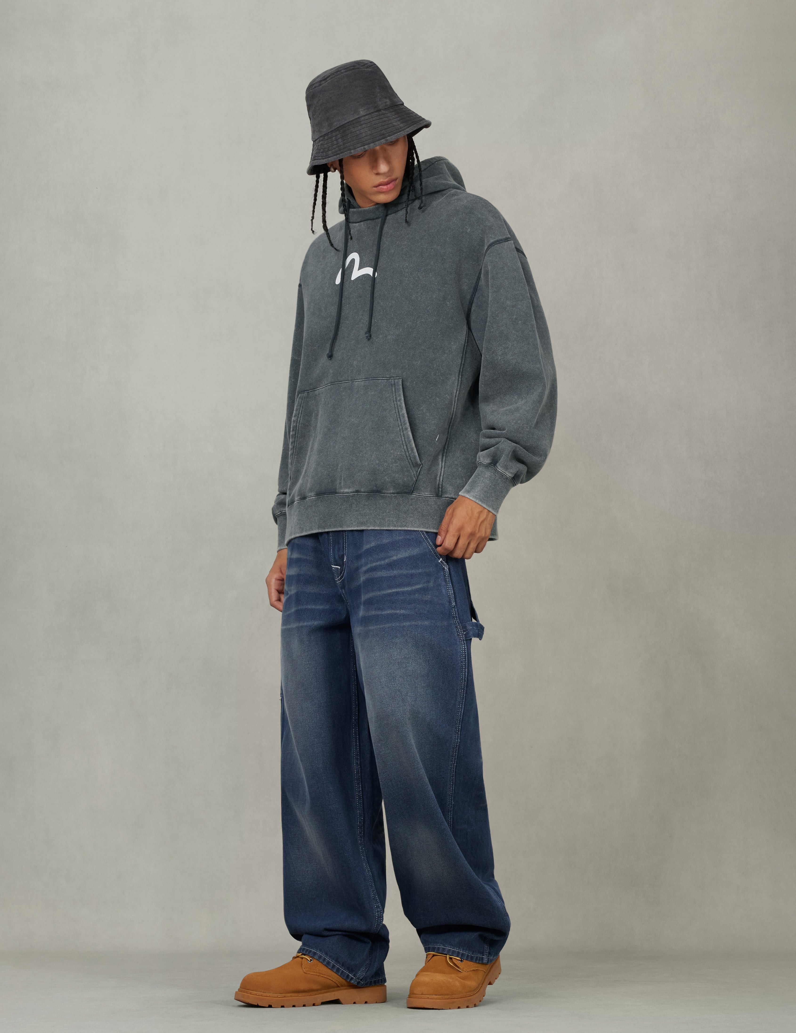 Washed Seagull and Logo Print Relax Fit Hoodie