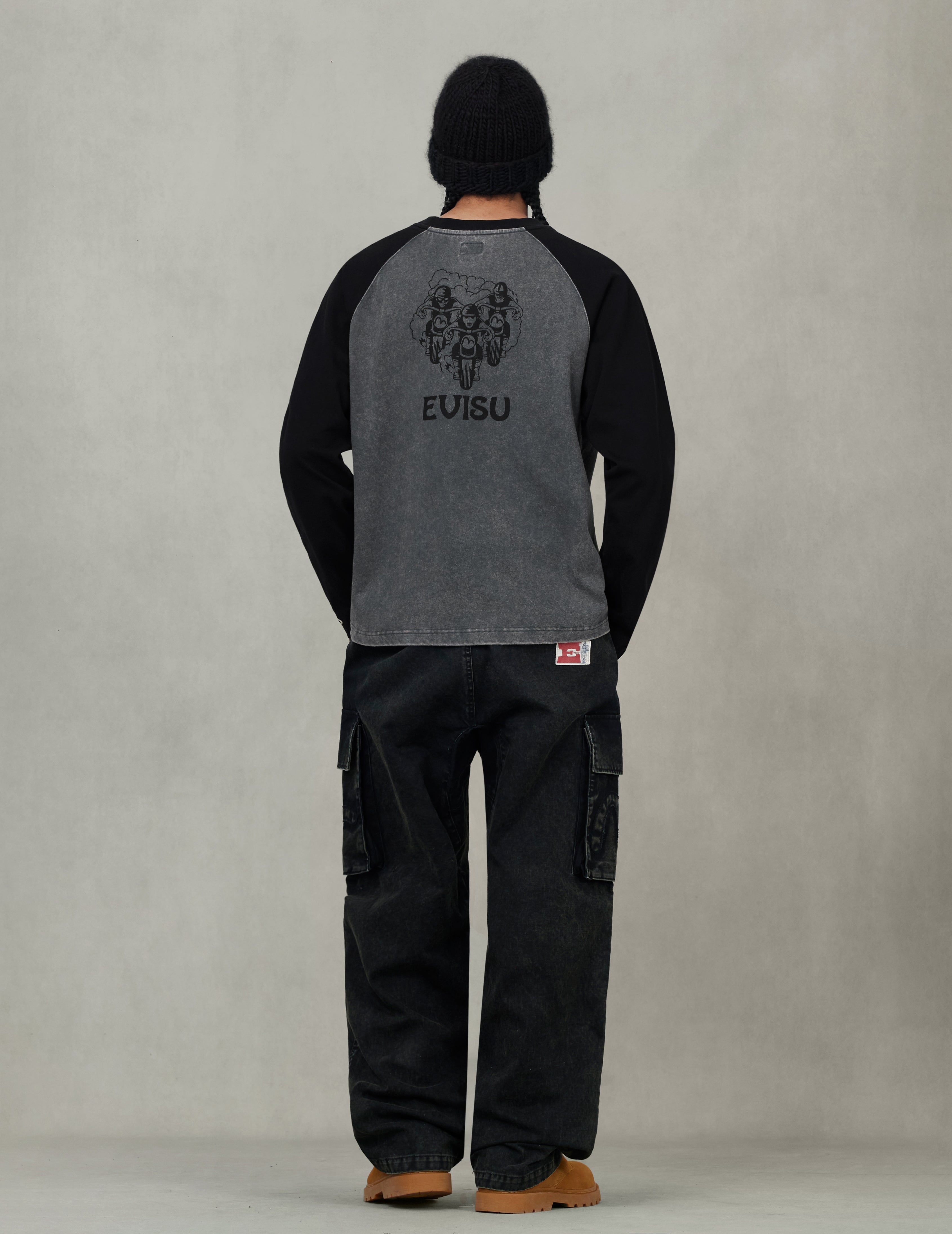 復古越野摩托車印花寬版休閒長袖T恤