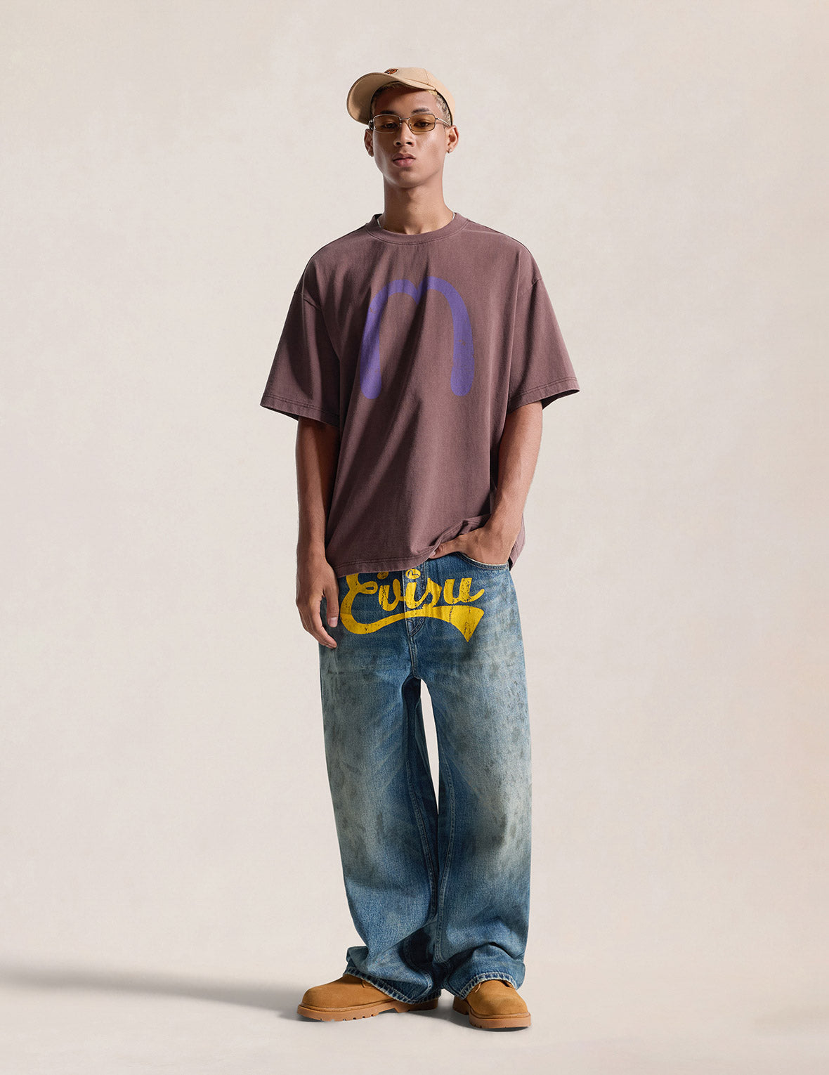 Oil Stain Evisu Logo Loose Fit Jeans