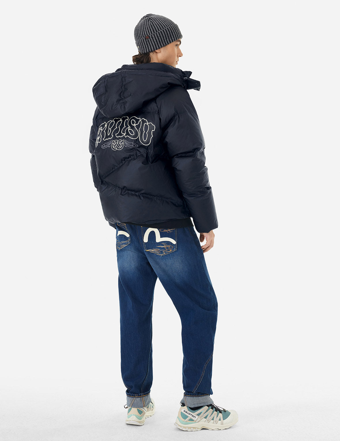 Logos and "Wheel of Wisdom" Embroidery Fashion Fit Down Jacket